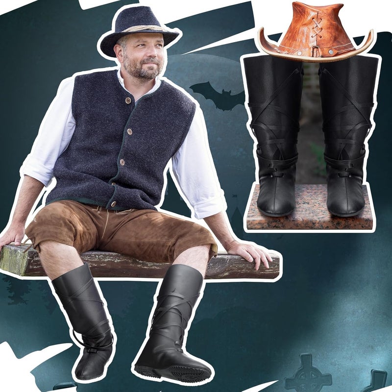 Blosssound Men's Medieval Halloween Boots Renaissance Cosplay Halloween Boots Black Faux Leather Lace Up Shoes - Image 4